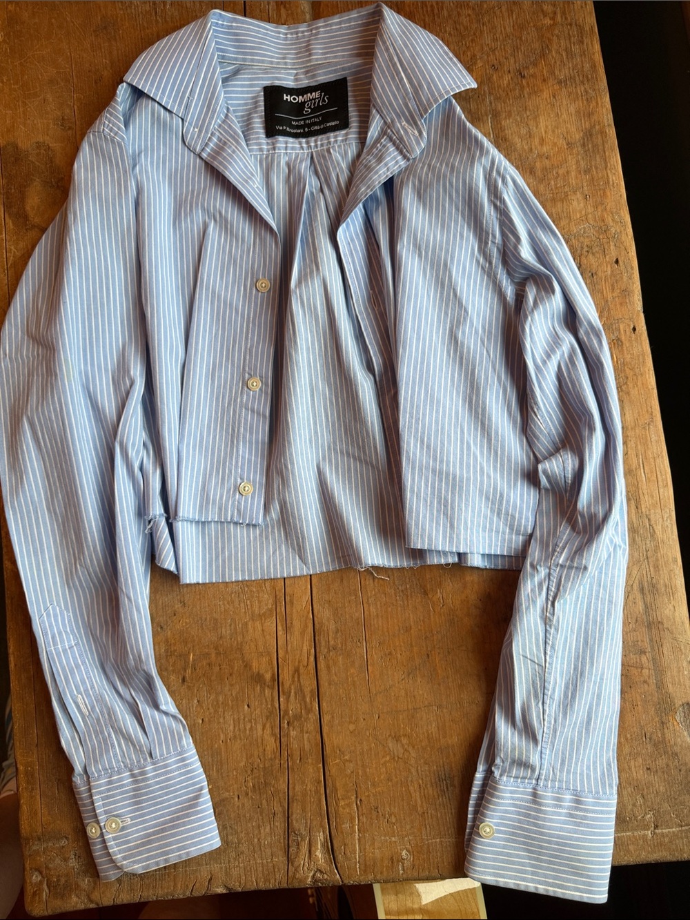 Homme Girls :Light Blue Striped Crop Button-Up Shirt